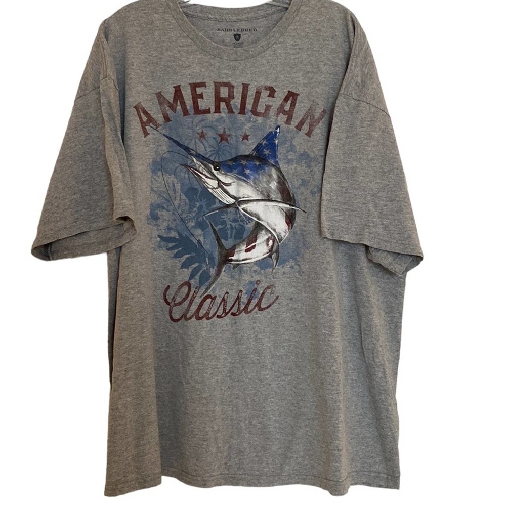Men’s 2XX big man gray graphic fishing t-shirt short sleeves excellent condition